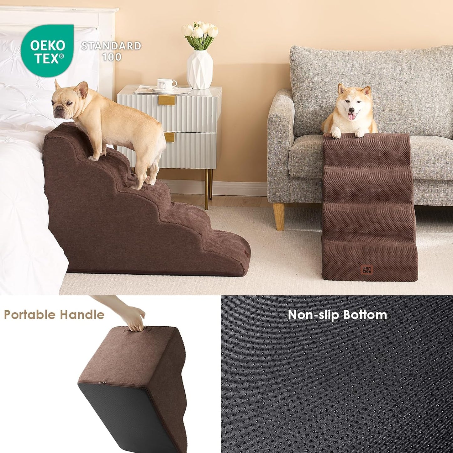 EHEYCIGA Curved Dog Stairs Ramp for High Beds 19.7" H, 4-Step Dog Steps for Small Dogs and Cats, Pet Stairs for High Bed Climbing, Non-Slip Balanced Pet Step Indoor, Brown