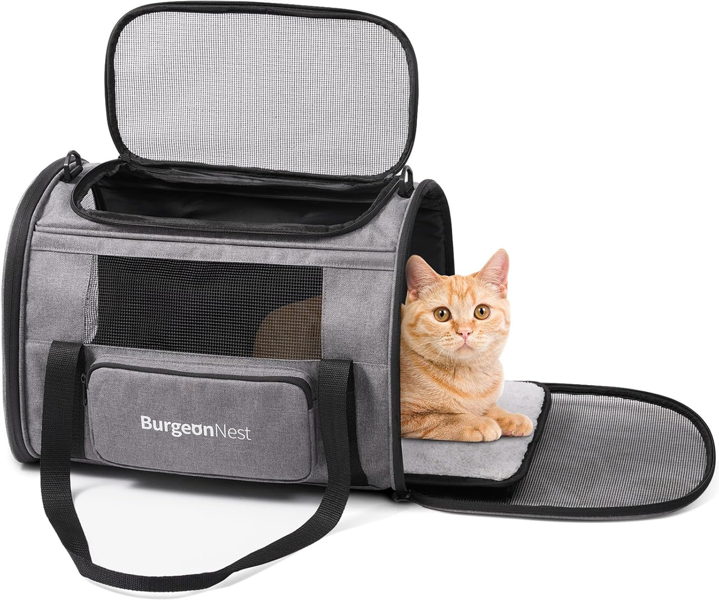 BurgeonNest Cat Carriers for Small Cats Under 15, Medium Puppy Under 25 lbs Large Pet 20 lbs Soft Sided Pet Carrier with Unique Side Bag (Medium, Grey)