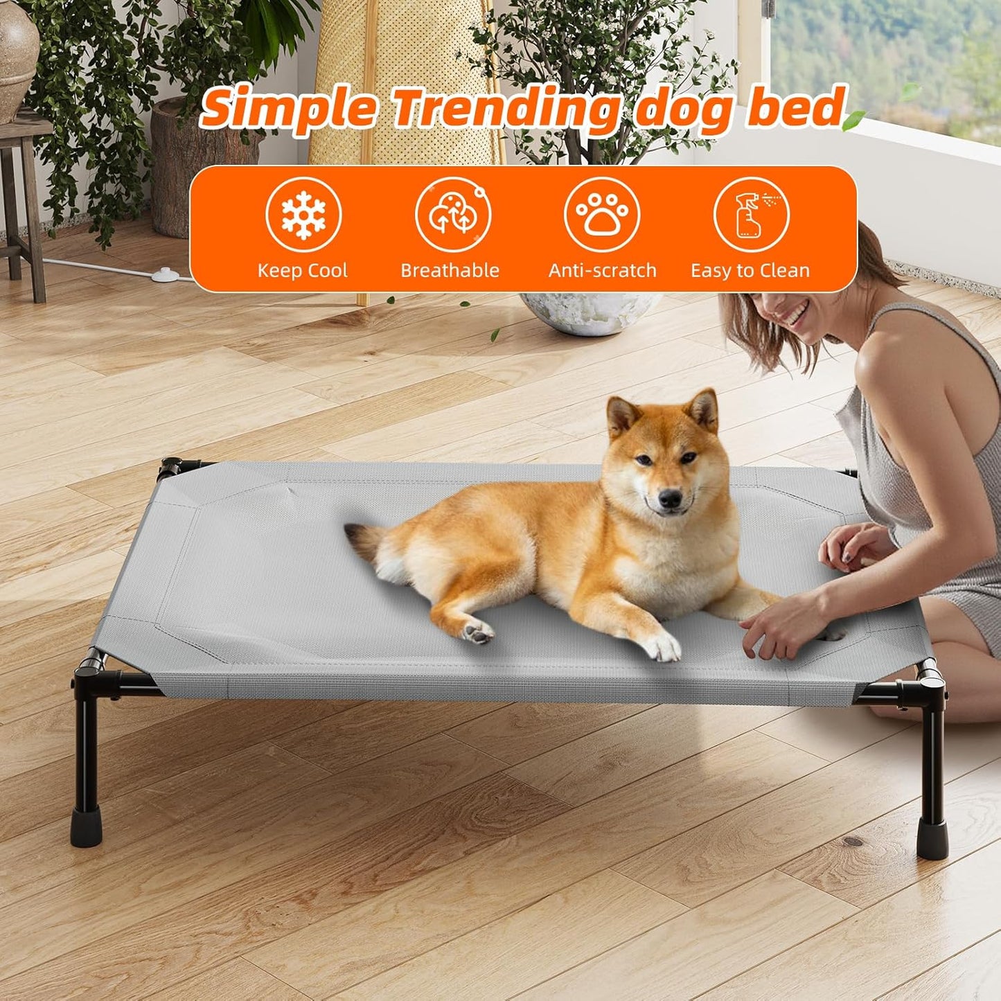 Simple Trending Raised Bed for Large Dog, Waterproof L Pet Cot, Breathable Big Bed Load 300lb, Metal Connector, Grey