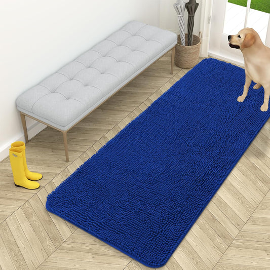 OLANLY Dog Door Mat for Muddy Paws 59x24, Absorbs Moisture and Dirt, Absorbent Non-Slip Washable Doormat, Quick Dry Chenille Mud Mat for Dogs, Entry Indoor Entryway Carpet for Inside Floor, Royal Blue