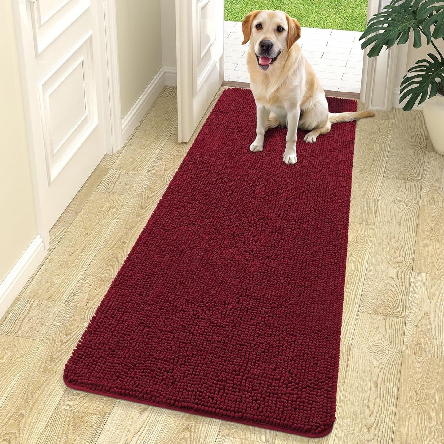 OLANLY Dog Door Mat for Muddy Paws 70x24, Absorbs Moisture and Dirt, Absorbent Non-Slip Washable Doormat, Quick Dry Chenille Mud Mat for Dogs, Entry Indoor Entryway Carpet for Inside Floor, Burgundy
