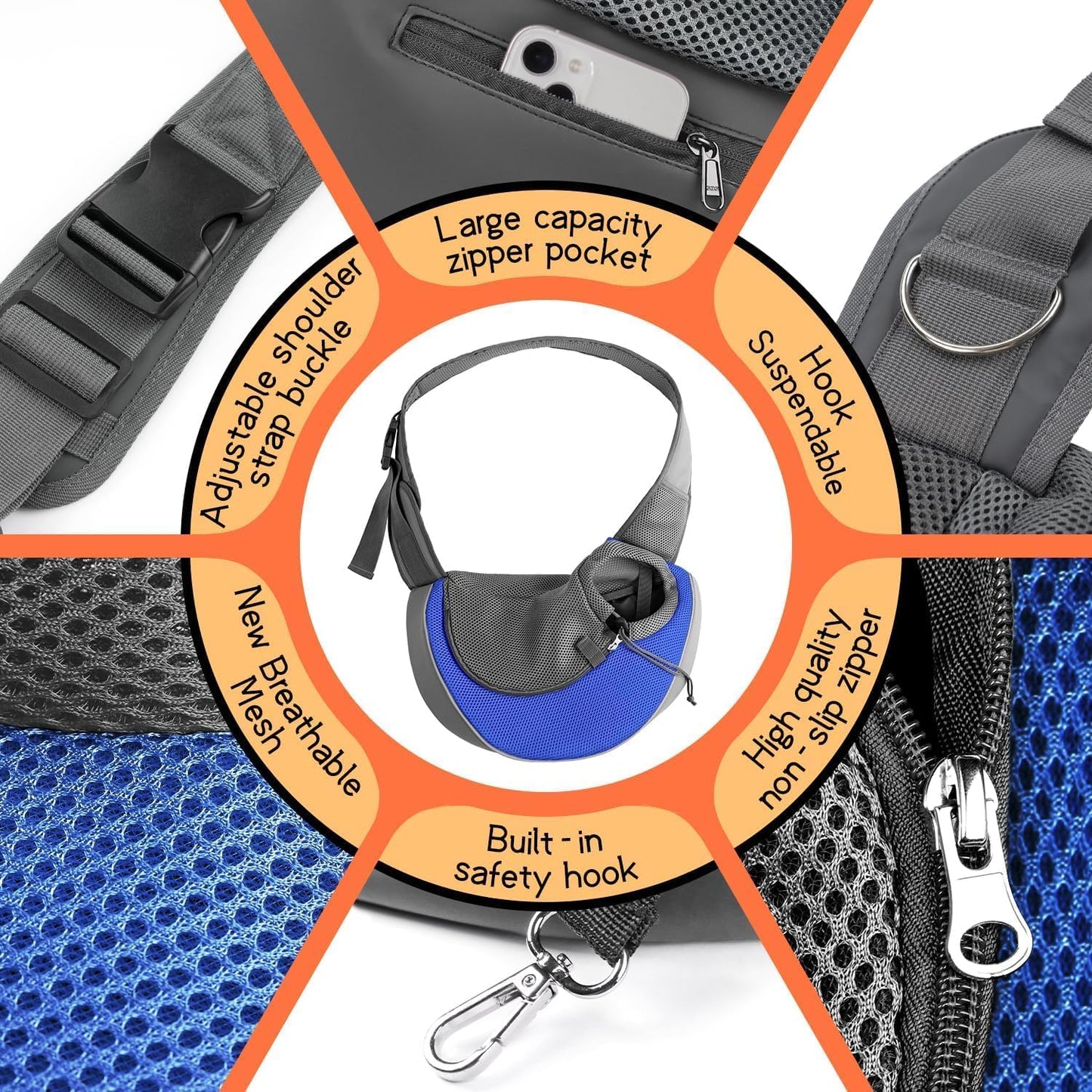 YUDODO Pet Sling Carrier for Small Dogs & Cats – Hands-Free Puppy Carrier with Safety Hook, Large Zipper Pocket, Soft Breathable Mesh, Adjustable Strap & Reflective Strip (Blue 1.0 S)