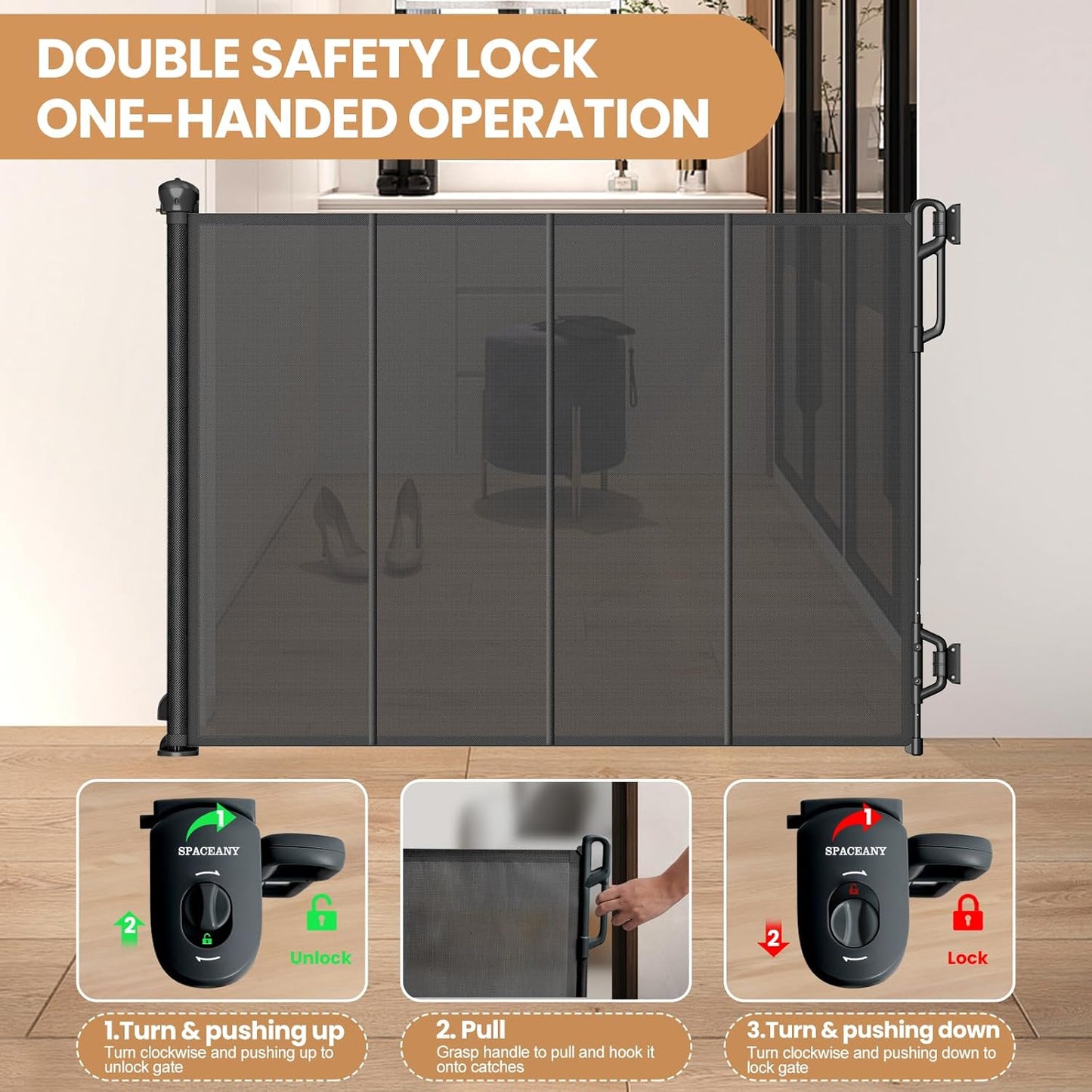 Reinforced Retractable Baby Gate or Mesh Dog Gate,Easy to Use for Stairs, Doorways, Hallways, Indoor, Outdoor, Wide Pet Gate 33.5" Tall, Extends to 55" Wide,Black