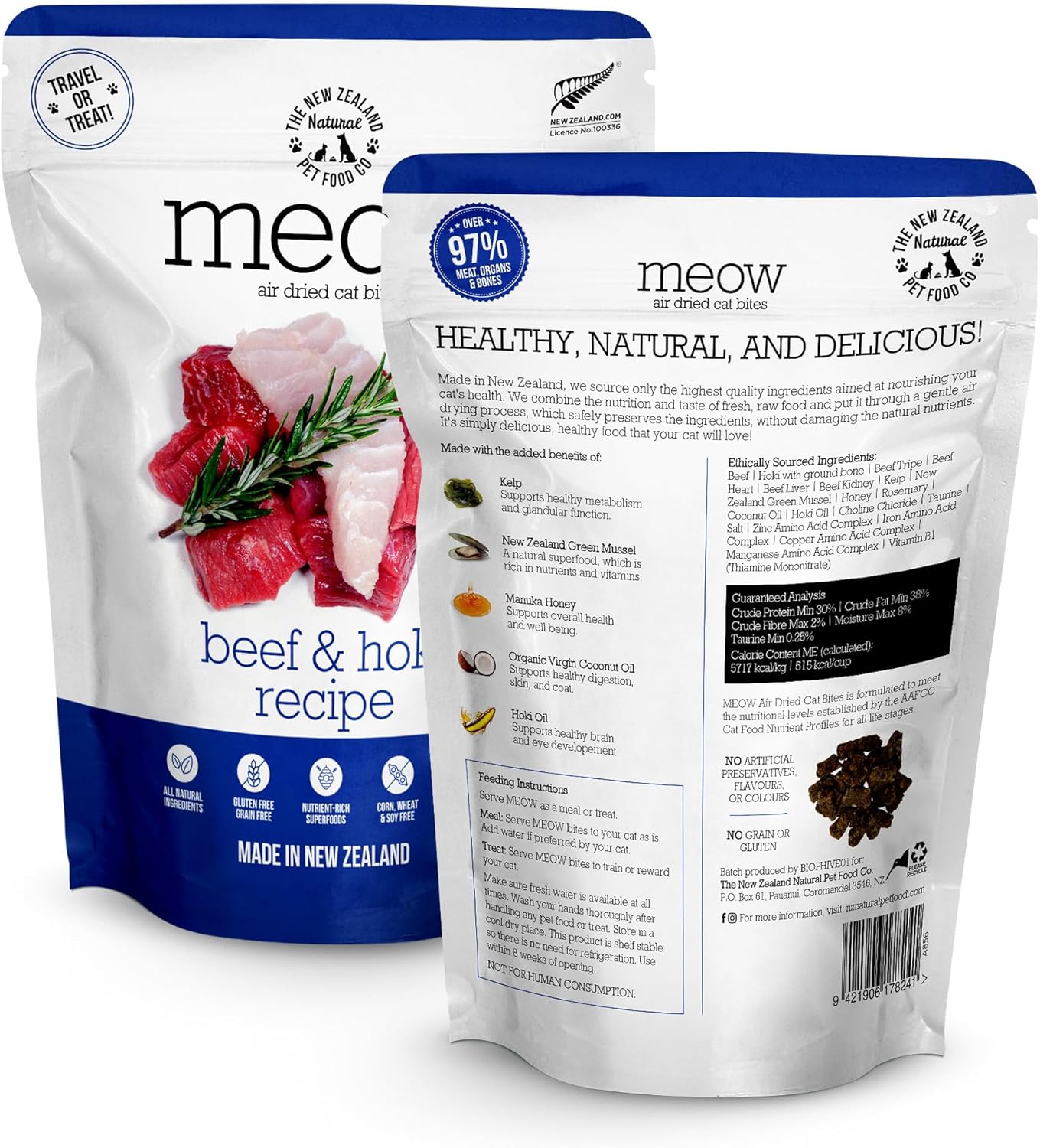 Meow Air Dried Cat Food - Beef & Hoki Recipe,High Protein Dry Cat Food, Training Treats, Meals & Toppers,3.5oz