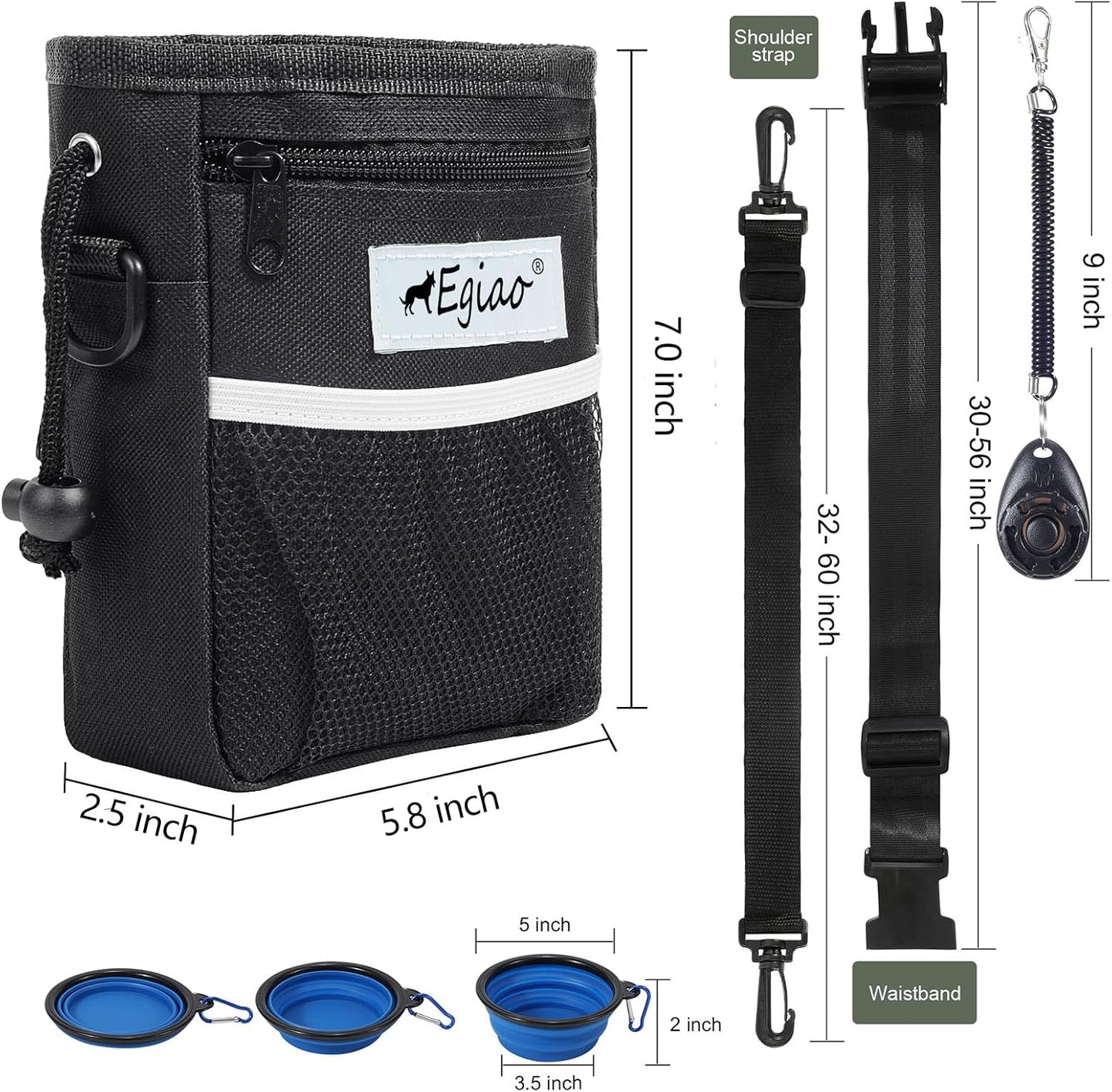 Dog Treat Pouch with Drawstring Closure, Puppy Training Bag, Built-in Pet Poop Bag Dispenser, Waist Belt Clip, 3 Ways to Wear