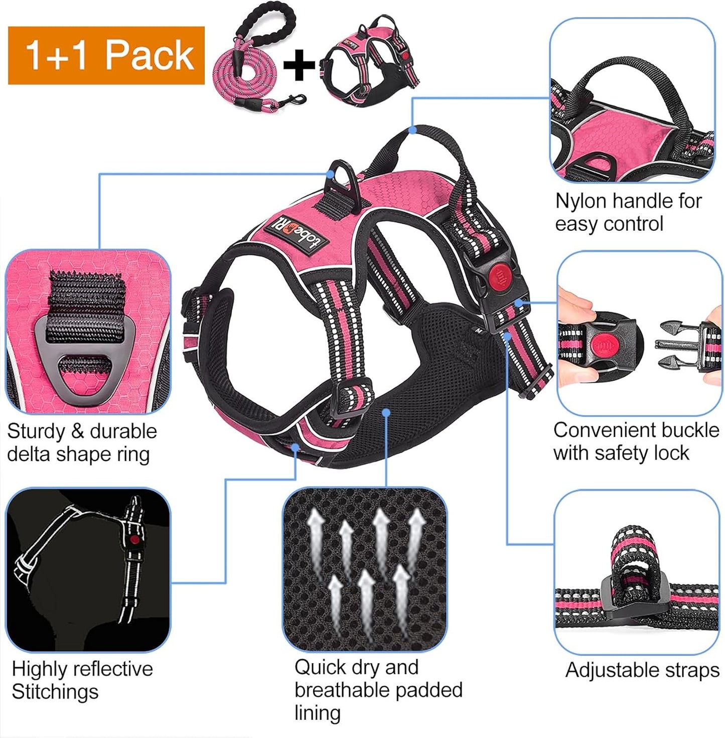 No Pull Dog Harness Adjustable Reflective Oxford Easy Control Medium Large Dog Harness with A Free Heavy Duty 5ft Dog Leash (M (Neck: 14.5"-20.5", Chest: 22"-28"), Pink Harness+Leash)