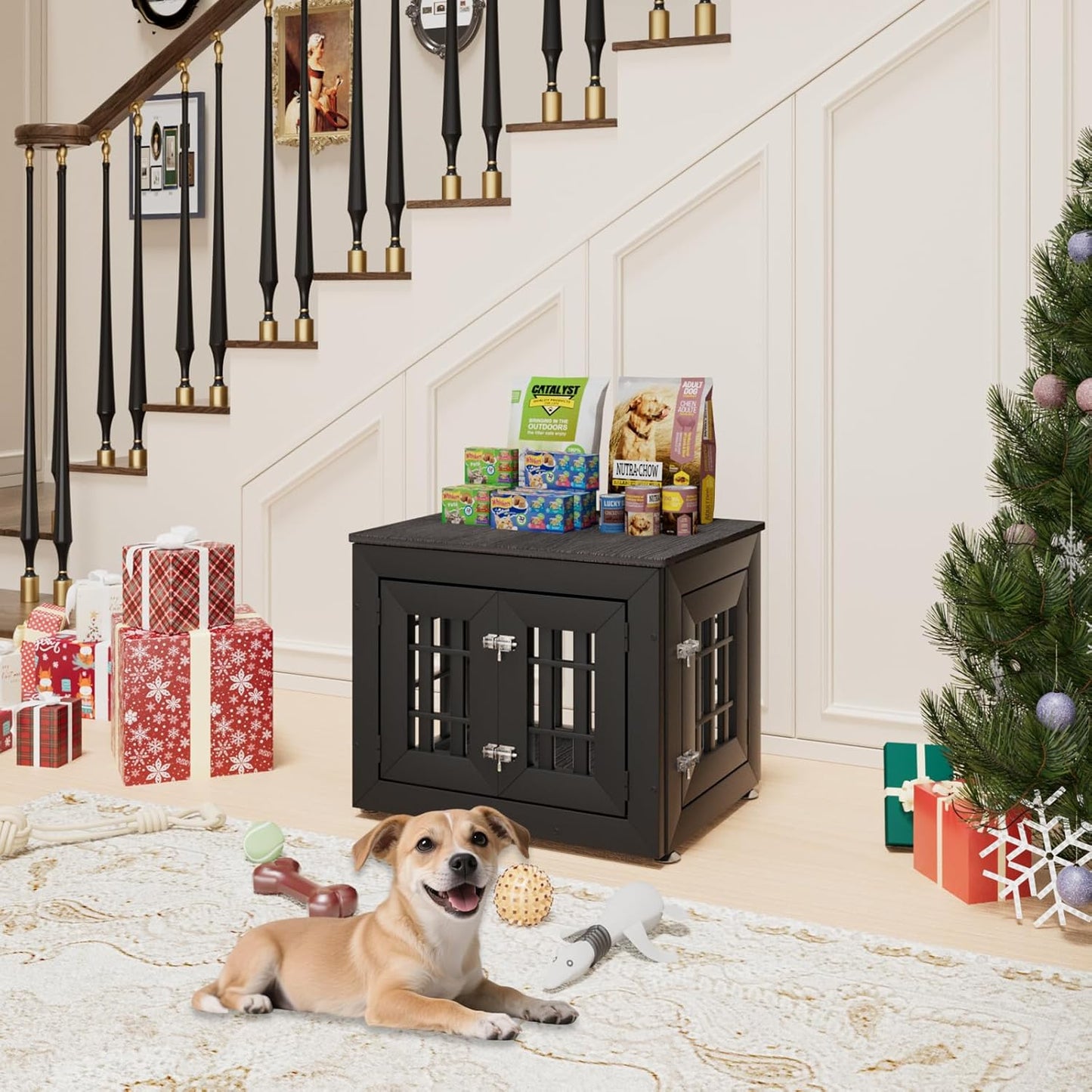 26" Heavy Duty Dog Crate Furniture for Small,Medium and Large Dogs,Rustic Wooden Dog Cage Kennel Indoor Furniture with Waterproof Top,Decorative Pet House Side End Table (Black & Grey)