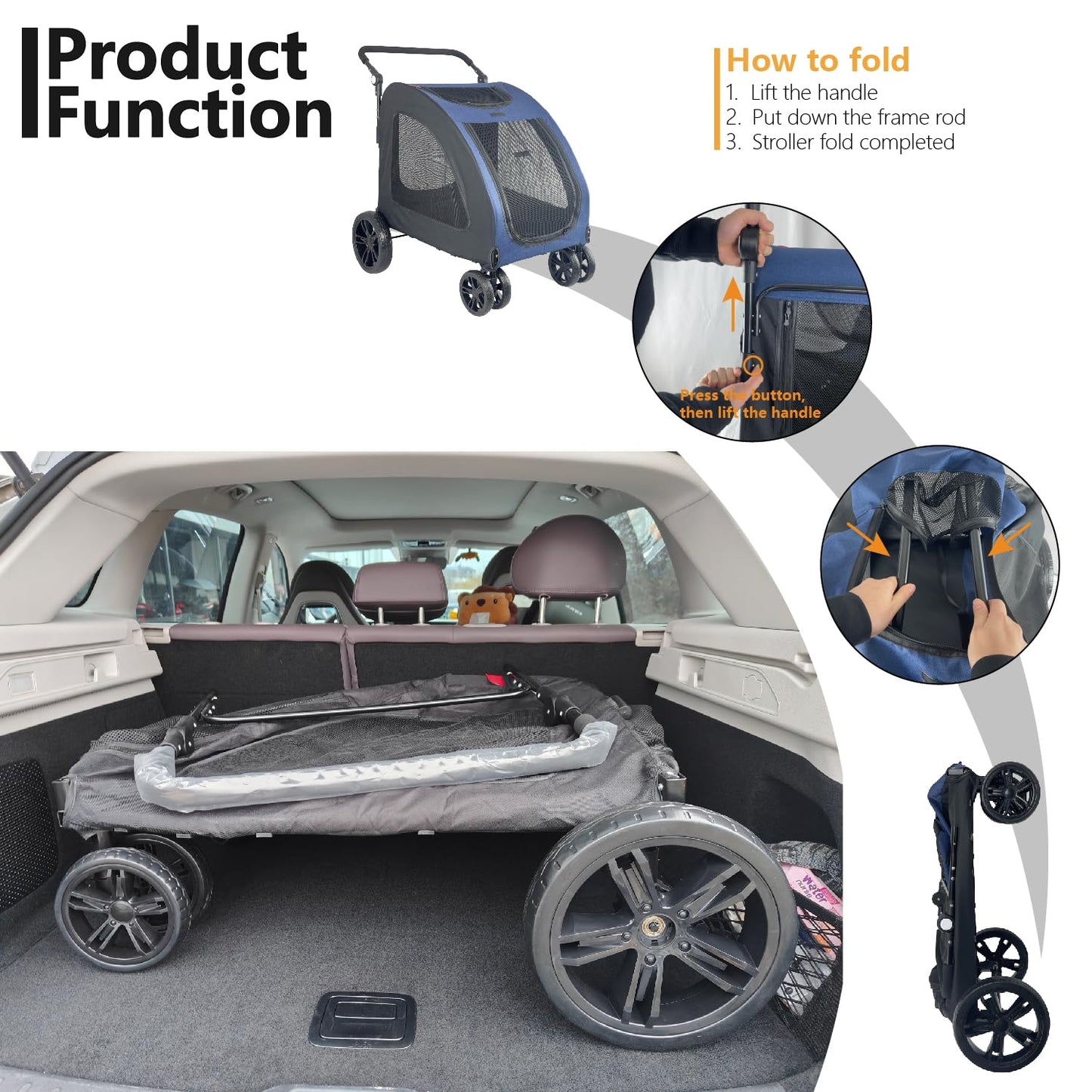 Extra Large Dog Stroller for Medium & Large Pets - Foldable Design, Adjustable Handle, Up to 130 lbs(Red)