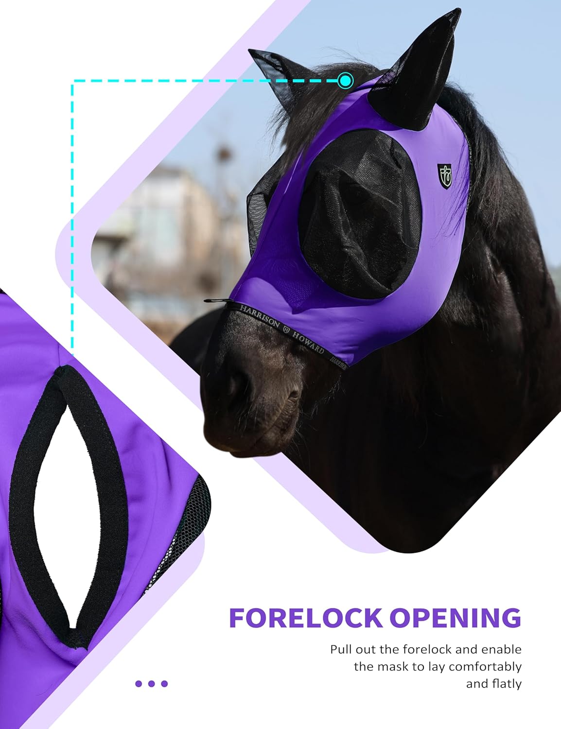 Harrison Howard Horse Fly Mask with Forelock Opening Stretch Breathable and Comfortable for Horses UV -Protection Purple M