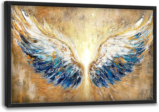 Extra Large Angel Wings Framed Wall Art for Living Room,Oversized Golden Wings Pictures Wall Decor,Holy Gold Blue Canvas Print Painting Modern Artwork Bedroom Office Bathroom 36L" x 24W"