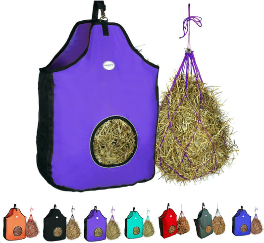 Majestic Ally 1200 D Hay Feeder Tote Bag for Horses, Sheep with Reflective Trim- Reduces Waste - Comes with 36” Hay Net (Purple)