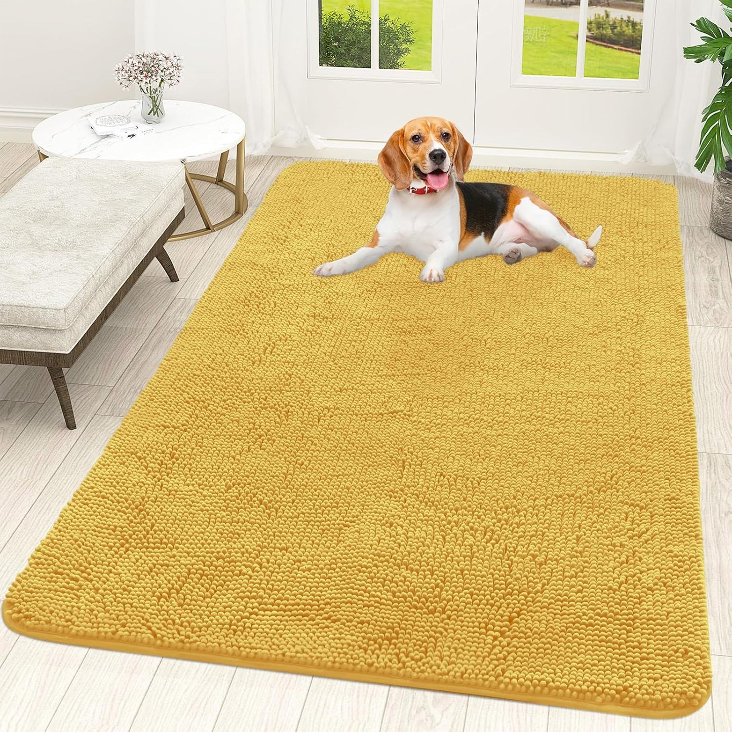 OLANLY Dog Door Mat for Muddy Paws 59x35, Absorbs Moisture and Dirt, Absorbent Non-Slip Washable Doormat, Quick Dry Chenille Mud Mat for Dogs, Entry Indoor Entryway Carpet for Inside Floor, Yellow