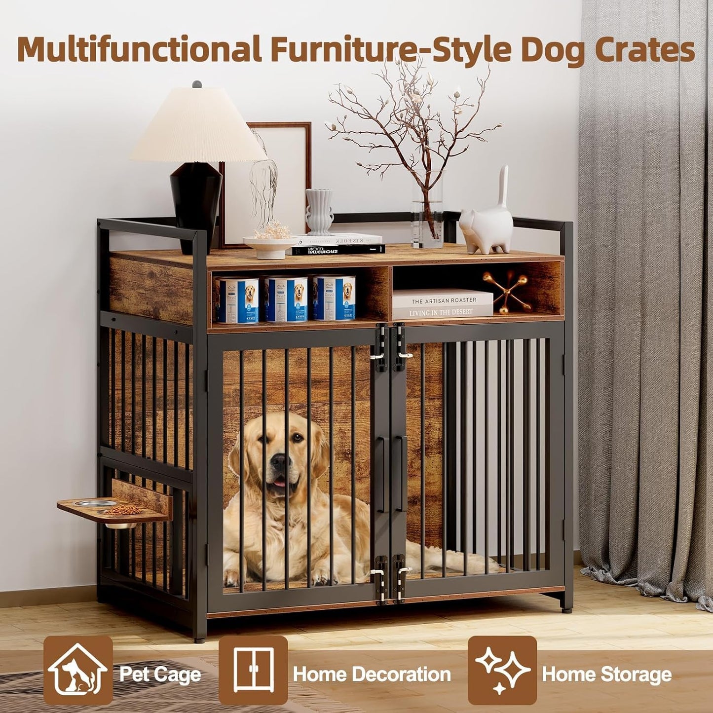 Large Dog Crate Furniture, 48 Inch Wooden Dog Crate, Heavy Duty Dogs Kennel with 2 Drawers Storage, 360° Adjustable Raised Feeder, Indoor Dogs House End Table