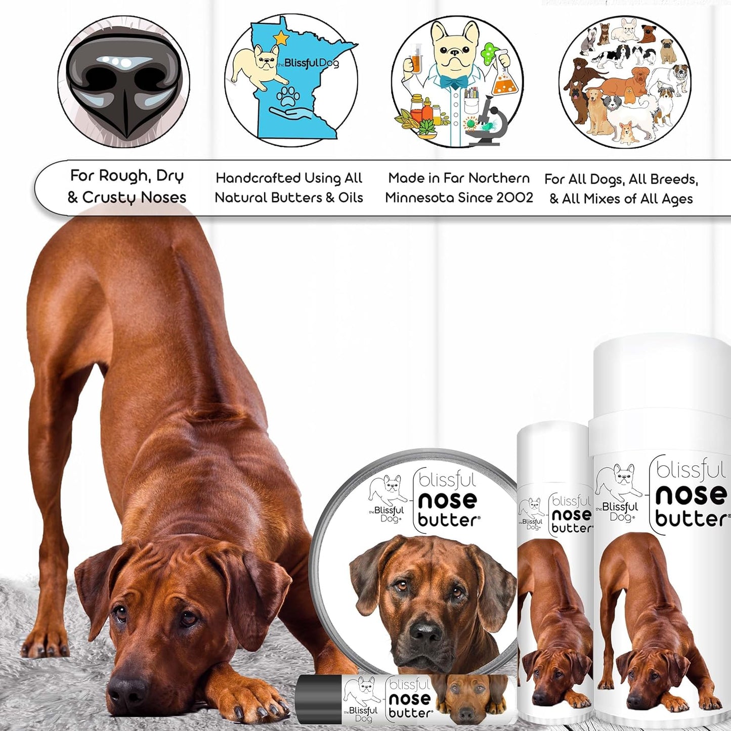 The Blissful Dog Rhodesian Ridgeback Nose Butter for Dry, Cracked Skin, Lick-Safe Dog Nose Balm with Moisturizing Shea Butter, Almond, Olive, and Essential Oils, Pet Supplies, Uncented, 8 oz.
