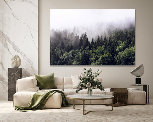 Nature Wall Art Prints - Ocean Forest Mountain Lake Canvas Landscapes - Small to Extra Large Living Room Bedroom Kitchen Bathroom Décor (Foggy Pine Forest, 16L" x 24W")