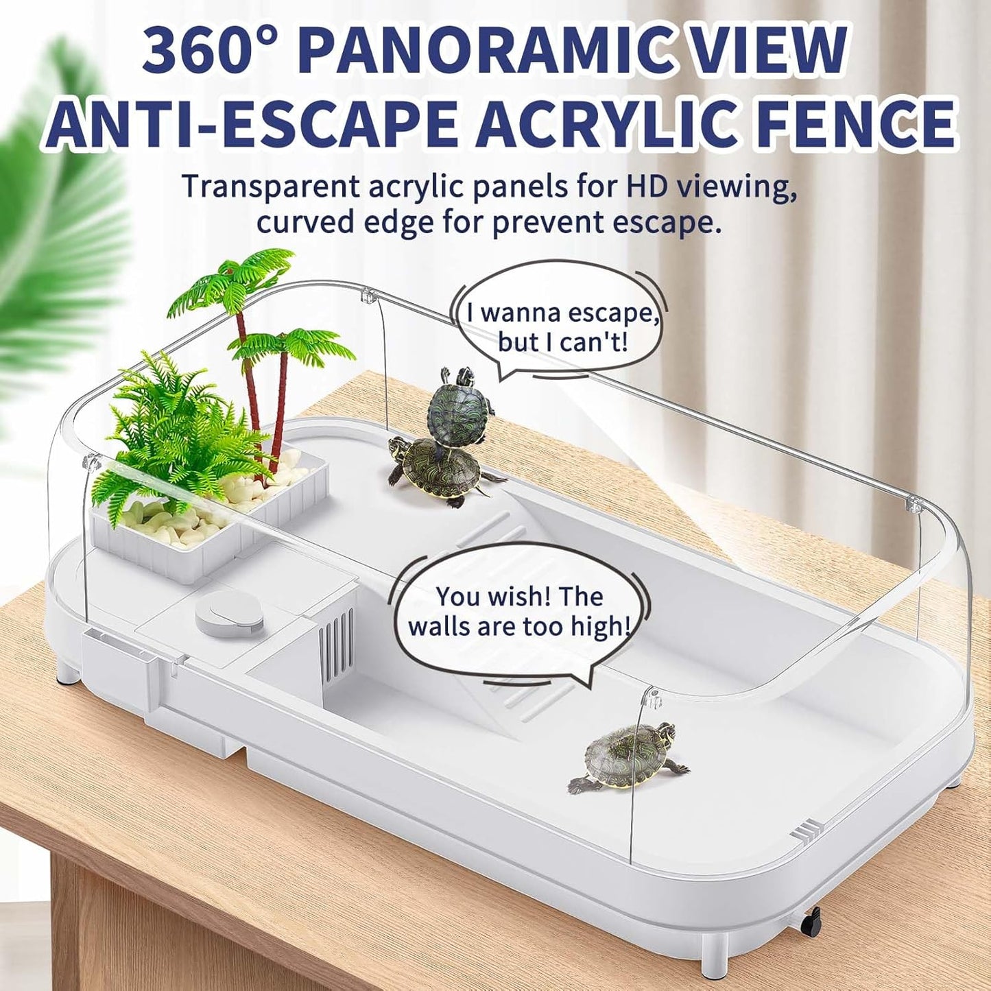 Large Turtle Tank with Water Pump, Acrylic Turtle Tank Starter Kit with Heightened and Curved Fences, Multi-Function Areas, Bottom Drainage