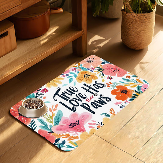 True Love Floral Dog Cat Food Mat-Absorbent Placemat for Food and Water Bowl, Waterproof Non Slip Rubber Backing Dog Food Mats for Floors, Pet Supplies 12 * 20 inch