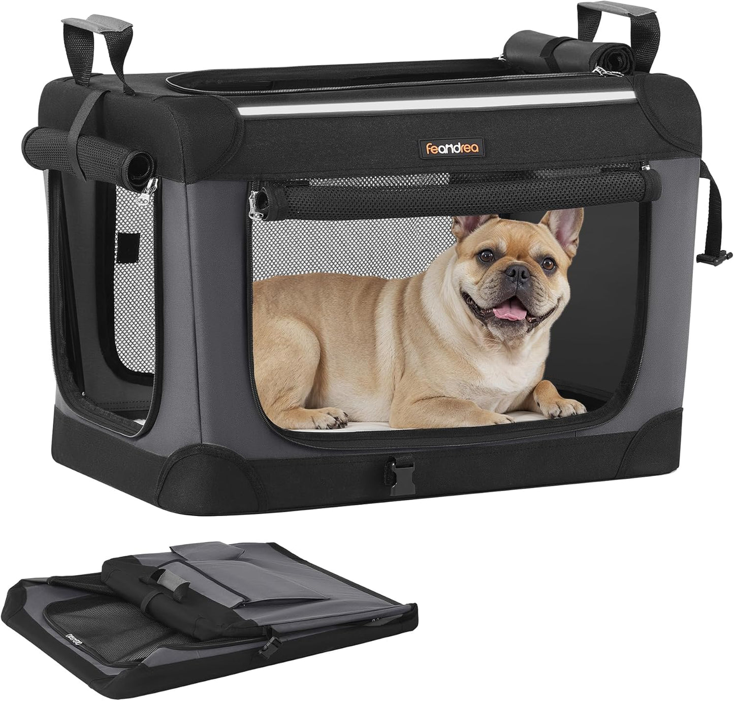 Feandrea Collapsible Dog Crate, 24-Inch Portable Dog Travel Crate for Small Dogs, Oxford Fabric Pet Carrier with 4 Mesh Doors, Handles, Storage Pocket, Water Bottle Holder, Ink Black UPDC016B01