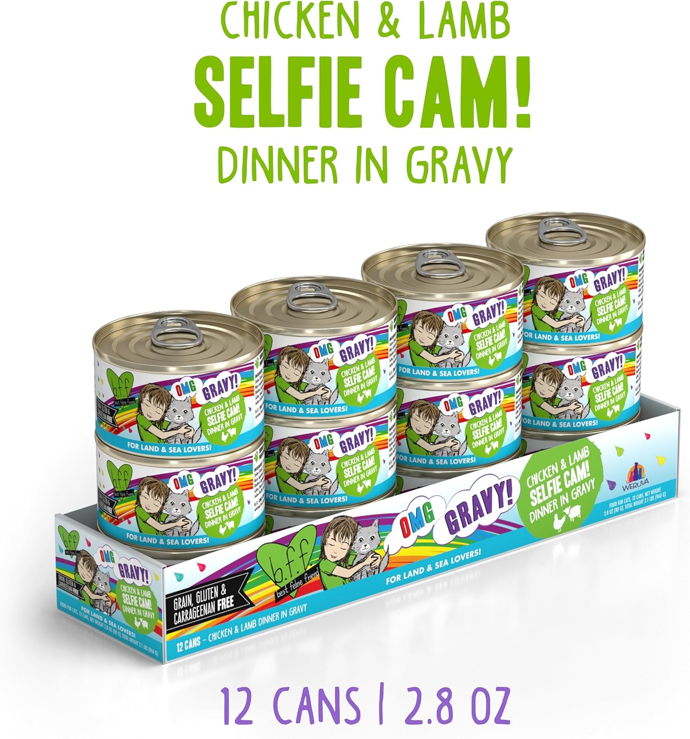 Weruva B.F.F. OMG - Best Feline Friend Oh My Gravy!, Selfie Cam! with Chicken & Lamb in Gravy Cat Food, 2.8oz Can (Pack of 12)