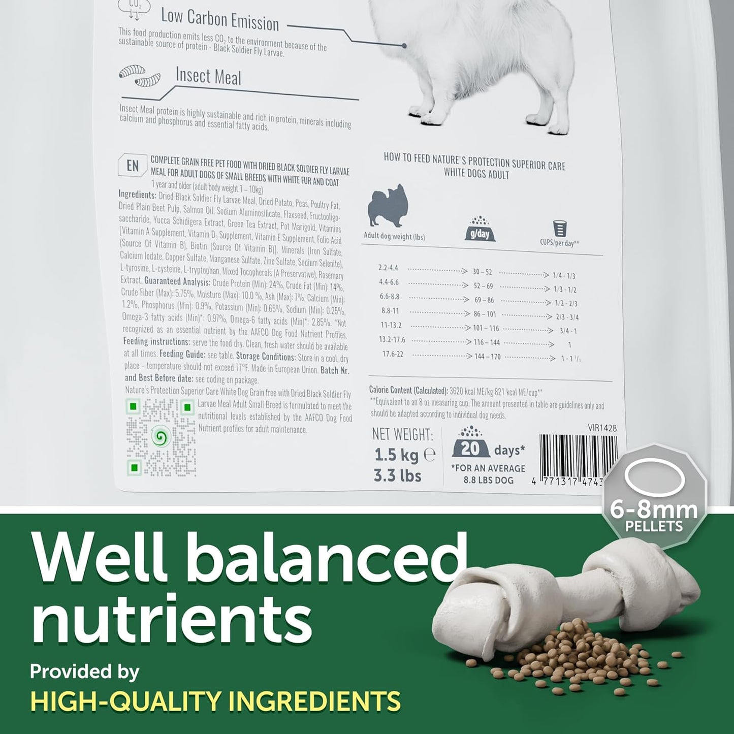 Nature's Protection Superior Care White Dogs Grain-Free Dry Dog Food - High Protein, Tear Stain Dog Food for Small & Mini Breeds Light Coated Adult Dogs, Fresh Pet Meal, Insect, 22 lb