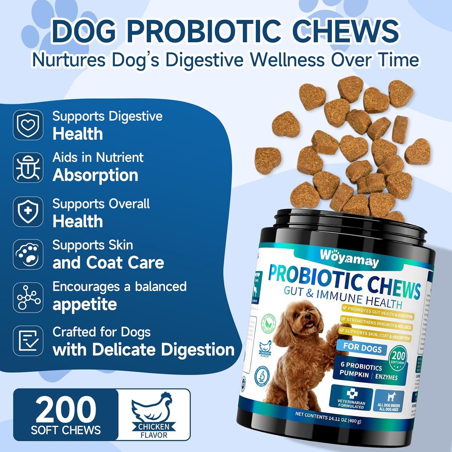 Dog Probiotic for Dogs, 200 Soft Treats Dog Probiotics for Digestive Health & Immune System, Probiotic Chews for Dogs, Support Gut Health|Itchy Skin|Diarrhea|Gas Relief Treatment