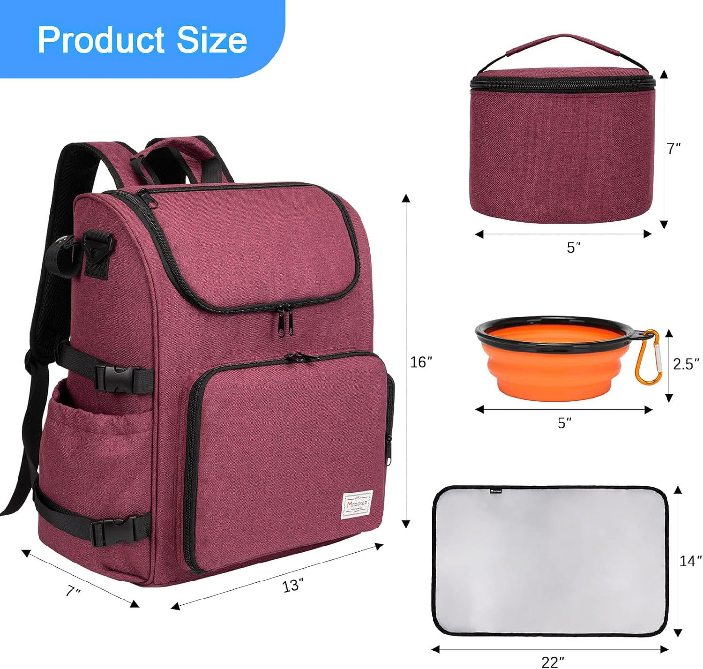Modoker Dog Travel Bag Backpack, Airline Approved Pet Accessories Organizer for Dog and Cat with Shoulder Strap, 2 Dog Food Storage Containers, 2 Collapsible Dog Bowls,1 Pet Mat, Rose Red