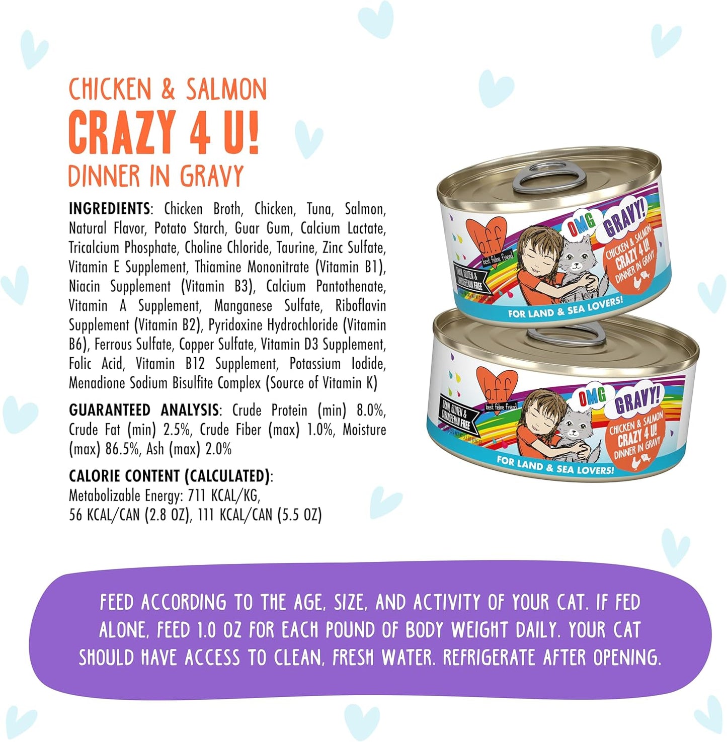 Weruva B.F.F. OMG - Best Feline Friend Oh My Gravy! Grain-Free Wet Cat Food Cans, Crazy 4 U! Chicken & Salmon, 5.5-Ounce Can (Pack of 8)