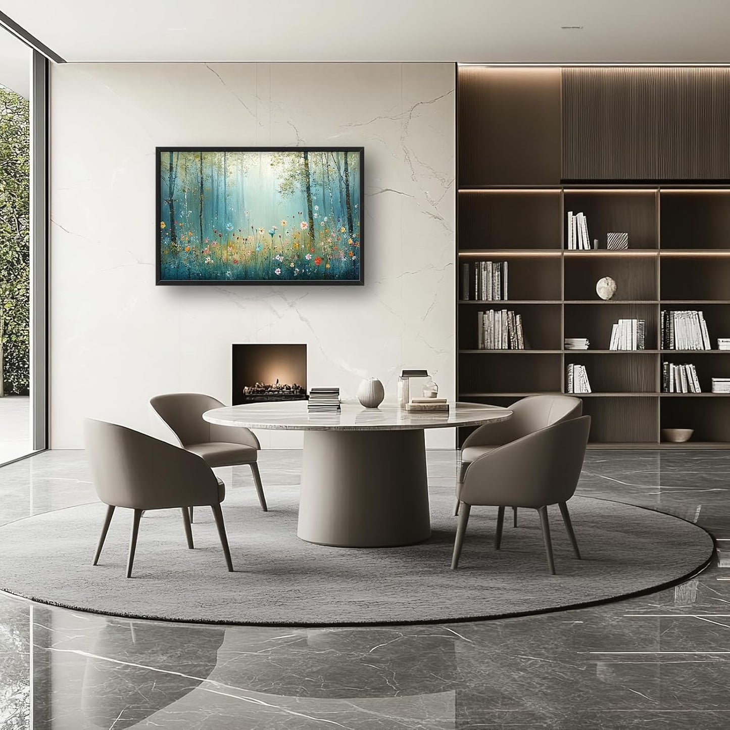 Large Forest Tree Wall Art for Living Room, Framed Oversized Wildflowers Wall Decor, Foggy Landscape Canvas Painting Modern Artwork Home Decoration for Dining Room Bedroom Office 36"x24"