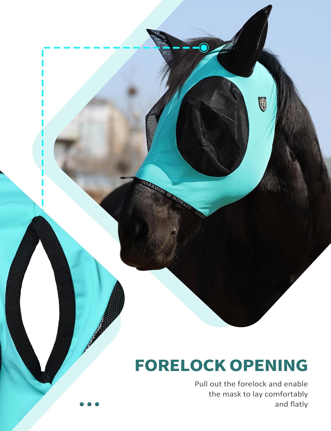 Harrison Howard Horse Fly Mask with Forelock Opening Stretch Breathable and Comfortable for Horses UV -Protection Turquoise Green L
