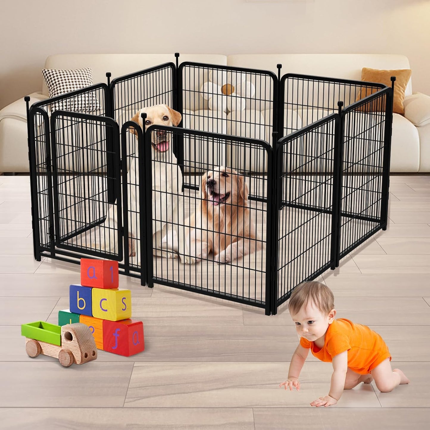Dog Playpen 32 inch 16 Panels, Puppy Playpen Indoors, Dog Fence Outdoor for Yard, Wide Door Low Threshold Garden Fence for Medium/Large Pets. Black Dog Pens Total 35.4 Ft(L)