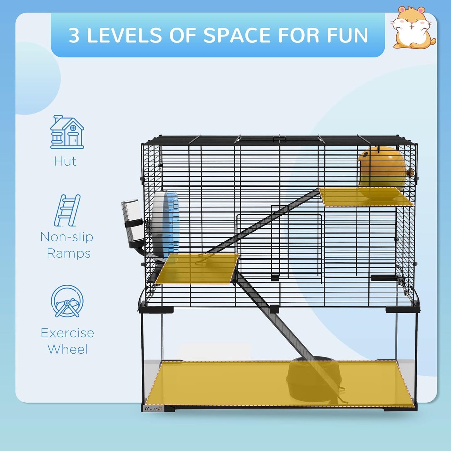 PawHut Large Hamster Cage with Deep Tempered Glass Bottom, 3 Tiers Hamster Tank with Running Wheel, Hut, Water Bottle, Dish, Rat Cage for Syrian, Dwarf, Gerbils, Mouse, 23.5" x 16" x 22.5", Black