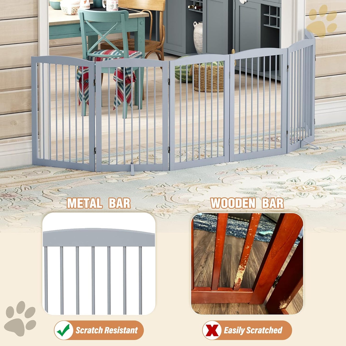 Freestanding Pet Gate for Dogs, Indoor Wooden Foldable Dog Gate for House, Extra Wide, Pet Fence for Stairs, Doorways, Halls, Support Feet Included, 120 Inch Wide, 6 Panels 32",Grey
