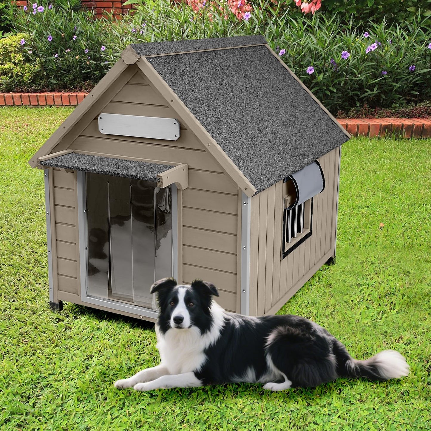Large Dog House Outdoor Weatherproof, Wooden Dog Kennel Shelter with Anti-Chewing Iron Frame, Removable Floor for Medium to Large Dogs, Easy Clean and Assemble (30.5" L*37.4" W*39.3" H)