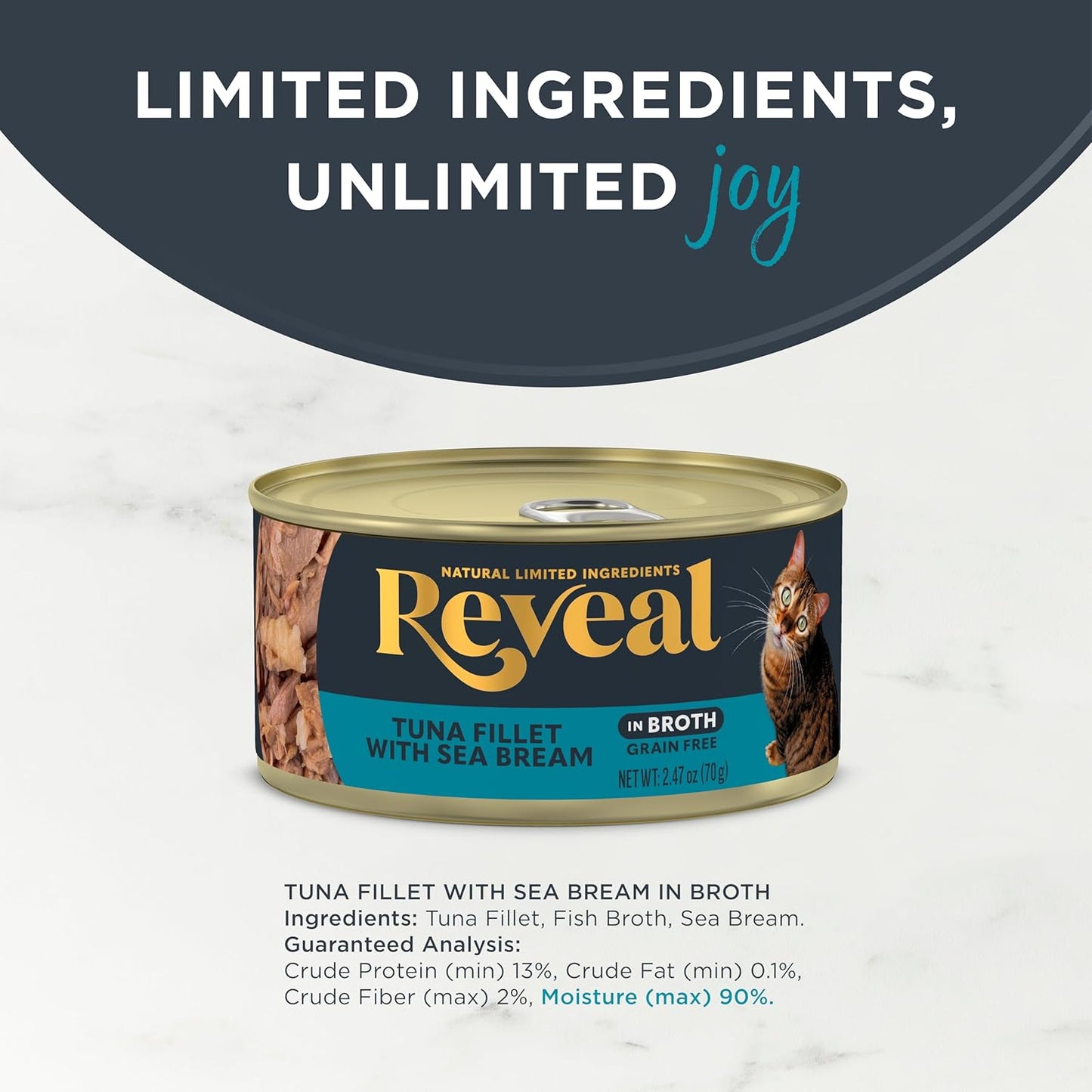 Reveal Natural Wet Cat Food, 24 Count, Grain Free, Limited Ingredient Canned Food for Cats, Tuna with Sea Bream in Broth, 2.47 oz Cans