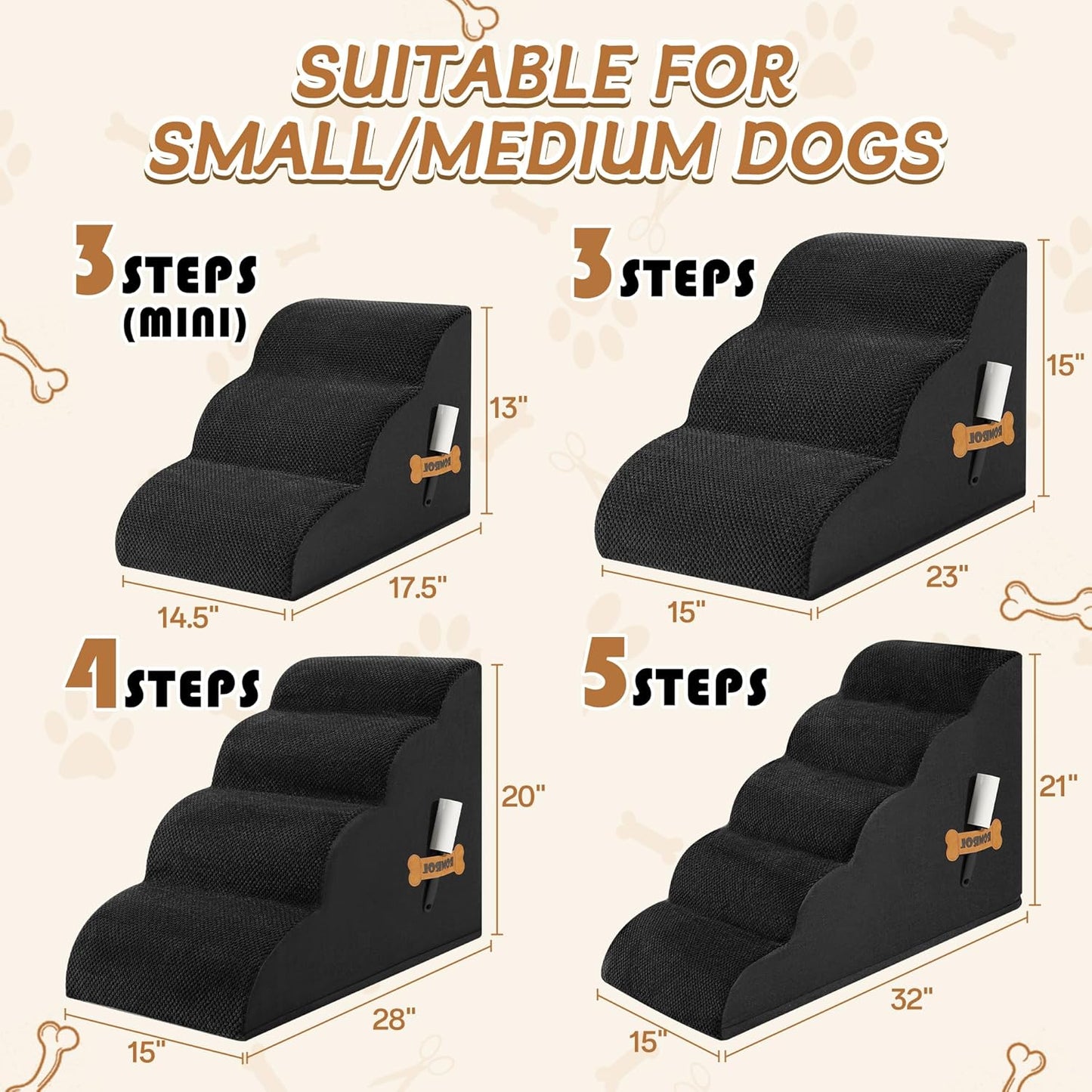 Romrol Dog Stairs Ramp for High Beds Couches, High Density Foam Pet Steps with Durable Non-Slip Waterproof Fabric Cover, Dog Stairs for Small Dogs or Cats or Pets, 3-Step,15 Inch,Black