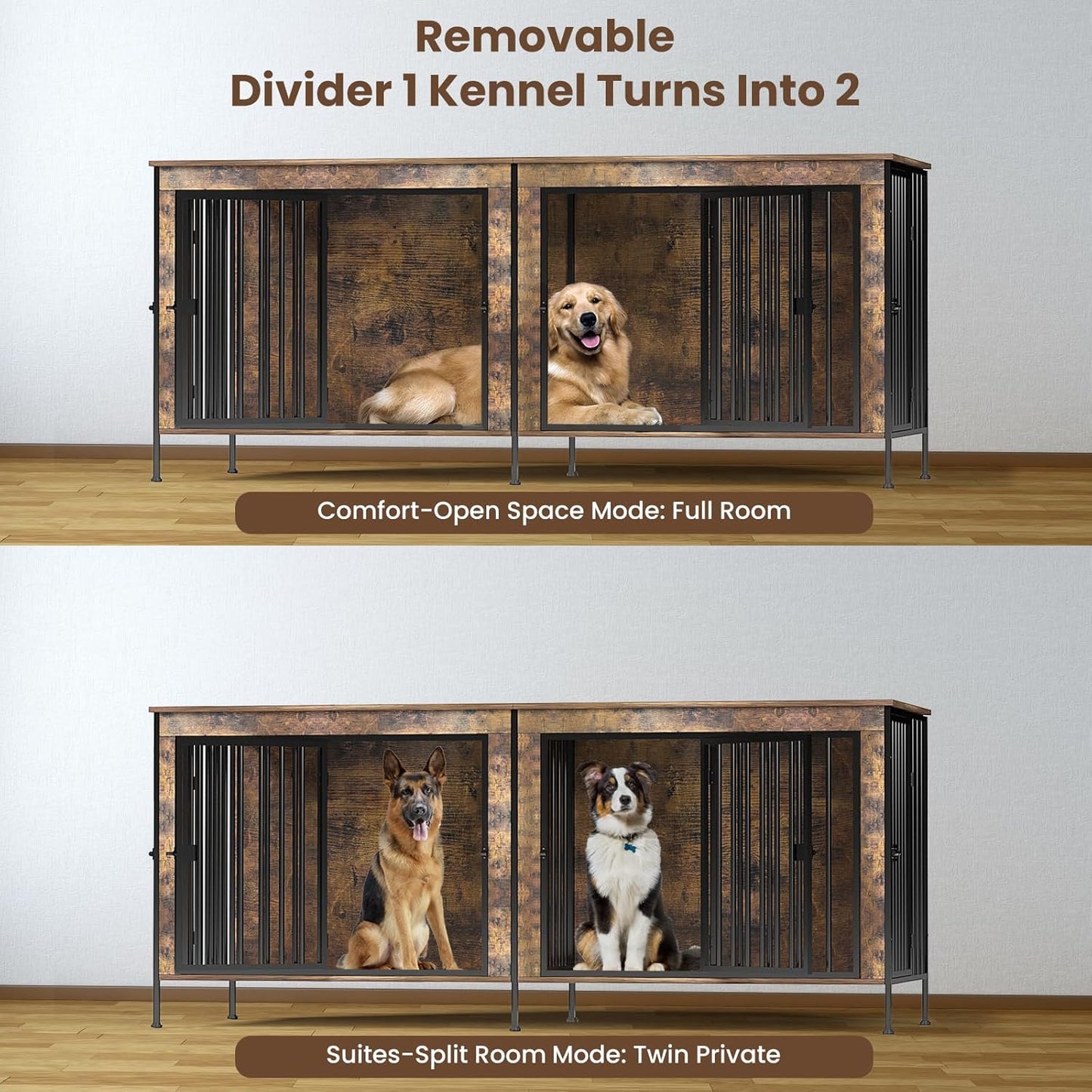 Dog Crate Furniture 78" for 2 Dogs Sturdy Heavy Duty Dog Kennel Solid Metal Tube Thick Wooden with 3 Lockable Doors XXL Double Dog Cage Large Breed as End Table for Large Dogs Rustic Brown