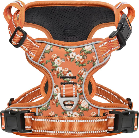 Timos Dog Harness, No Pull Dogs Harness 3 Snap Buckles Adjustable Reflective No Choke Pet Vest for Small Dog with Soft Padded Control Training Handle for Outdoor Training,Flower Orange, S