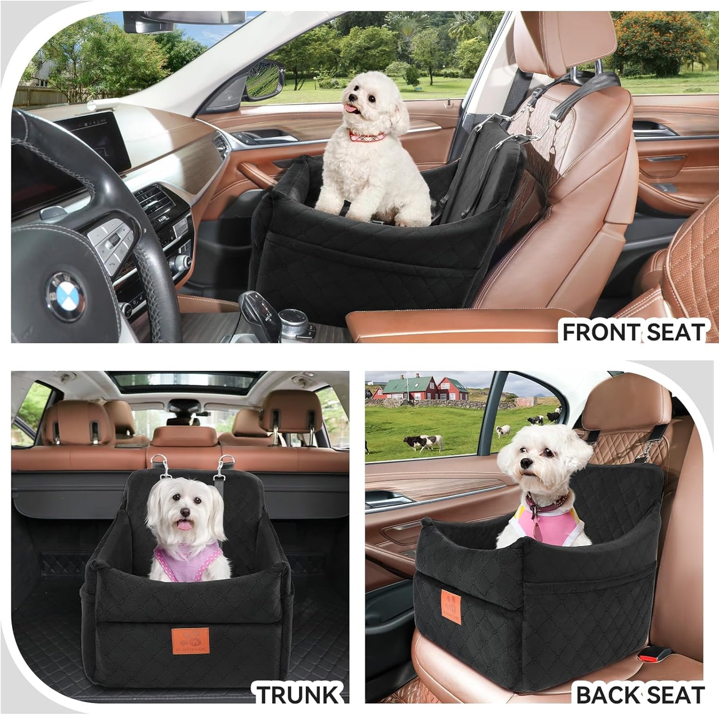 Dog Car Seat for Small/Medium Dogs, Dog Booster Car Seats with Thick Cushion for Dogs Under 35lbs, Detachable Washable Pet Car Seat with Storage Pockets, 2 Safety Belts(Black)