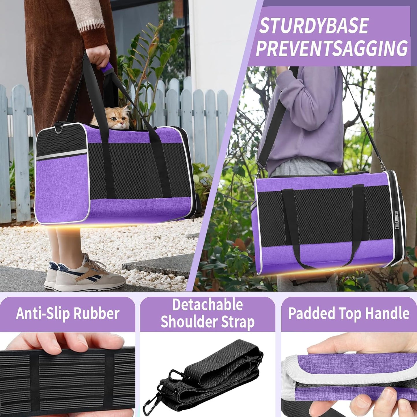 Pet Carrier for Large Cat 20 lbs+ / Soft Sided Small Dog 12 Pounds Travel Crate Top Load/Collapsible Kitty Carry Bag Big Kitten Mesh/Sturdy Animal Transport cage Kennel Long Trips Purple