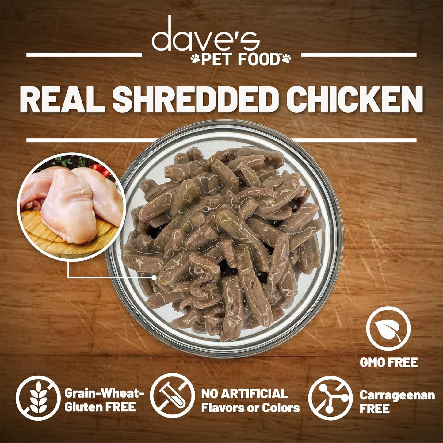 Dave's Pet Food Grain Free Wet Cat Food (Shredded Chicken in Gravy), Made in Canada Naturally Healthy Canned, Added Vitamins & Minerals, Wheat & Gluten-Free, GMO-Free, 5.5oz (24 Pack)