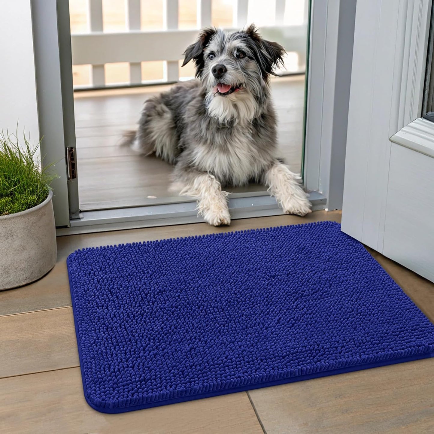 Smiry Dog Door Mat for Muddy Paws 24x16, Absorbs Moisture and Dirt Doormat, Non-Slip Washable Quick Dry Chenille Front Door Mat Indoor Entrance, Entryway Carpet for Inside Floor, Navy Blue