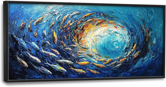 Extra Large Framed Abstract Ocean Fish Wall Art,Oversized Blue Sea Nautical Fish Wall Decor Pictures for Living Room,Canvas Print Painting Modern Artwork Bedroom Office Bathroom Home Decor 60L x30W