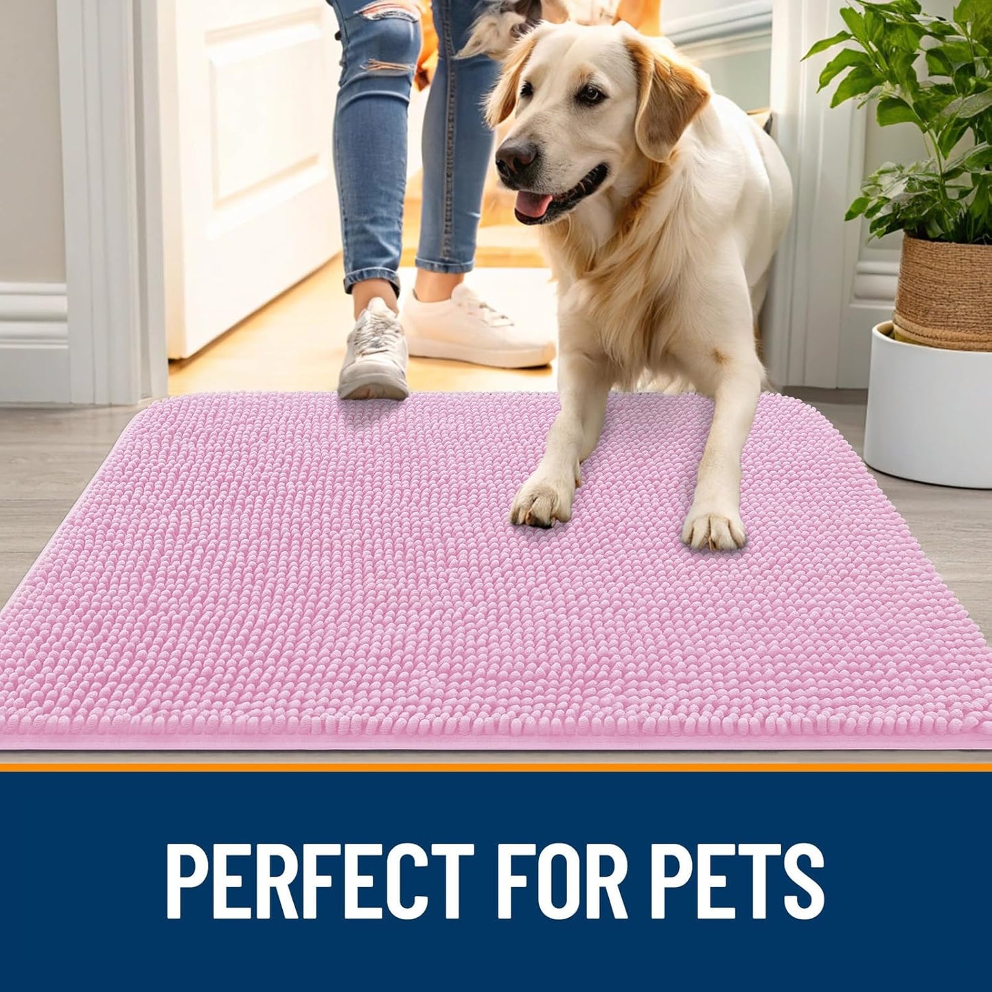 OLANLY Dog Door Mat for Muddy Paws 40x32, Absorbs Moisture and Dirt, Absorbent Non-Slip Washable Doormat, Quick Dry Chenille Mud Mat for Dogs, Entry Indoor Entryway Carpet for Inside Floor, Pink