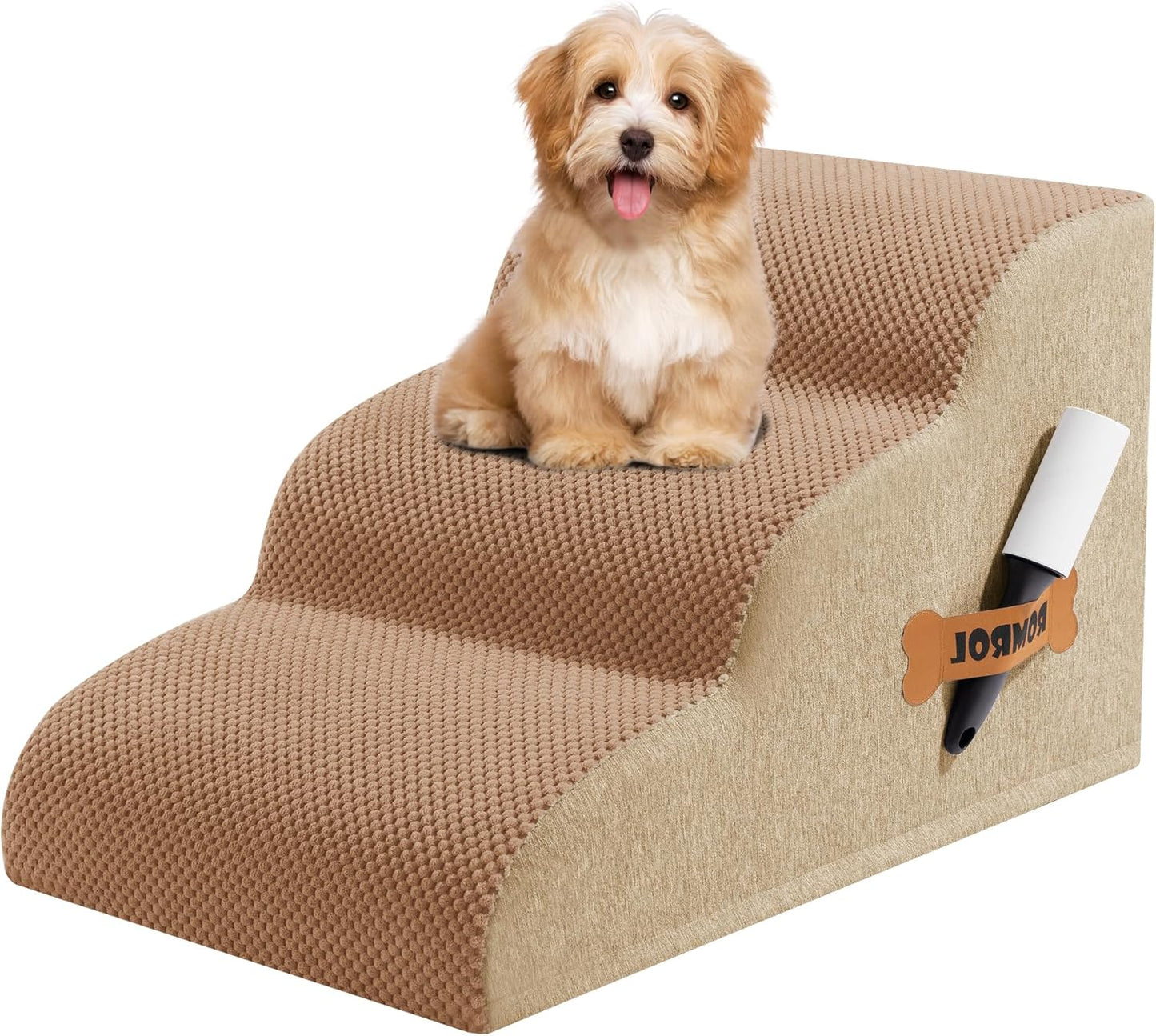 Romrol Dog Stairs Ramp for Beds Couches, Extra Wide Pet Steps with Durable Non-Slip Waterproof Fabric Cover, Dog Slope Stairs for Small Dogs and Cats or Pets Friendly, 3-Tiers, 13 Inch,Light Brown