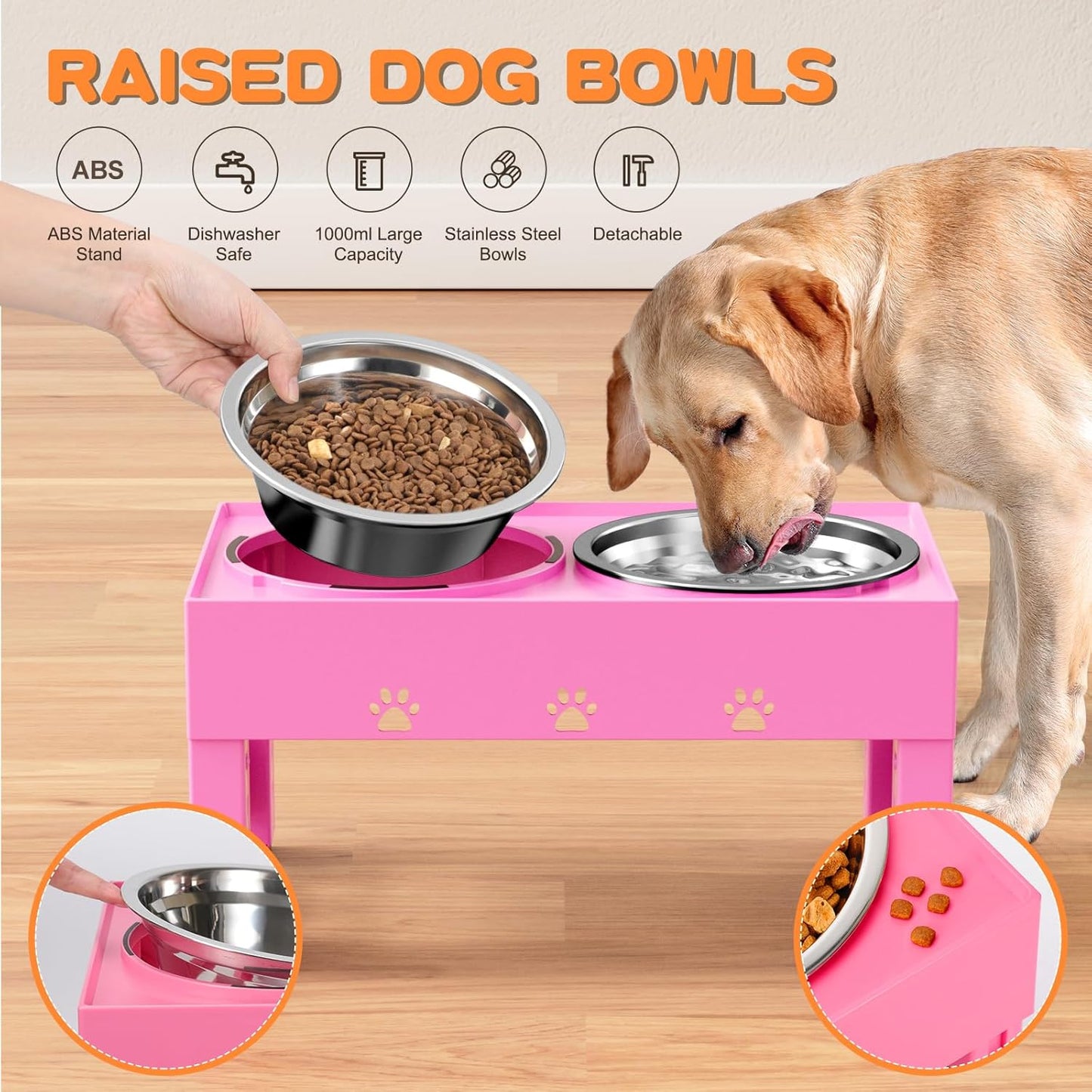 Elevated Dog Bowls with 2 Stainless Steel Bowls, Raised Dog Food Bowl Stand 5 Height Adjustable (3.1", 9", 10", 11", 12") Non-Slip Feeder Set for Medium and Large Dogs - Pink