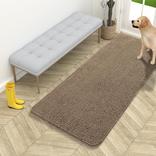 OLANLY Dog Door Mat for Muddy Paws 54x24, Absorbs Moisture and Dirt, Absorbent Non-Slip Washable Doormat, Quick Dry Chenille Mud Mat for Dogs, Entry Indoor Entryway Carpet for Inside Floor, Tan
