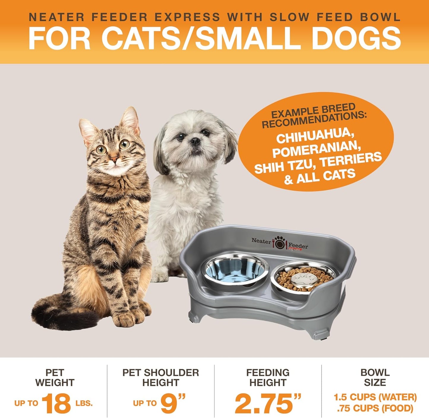 Neater Feeder Express Mess Proof Dog Bowls Elevated for Small Breed – Made in USA – No Spill Raised Slow Feeder Elevated Dog Bowl Stand, Stainless Steel Food and Water Bowl Set, Grey