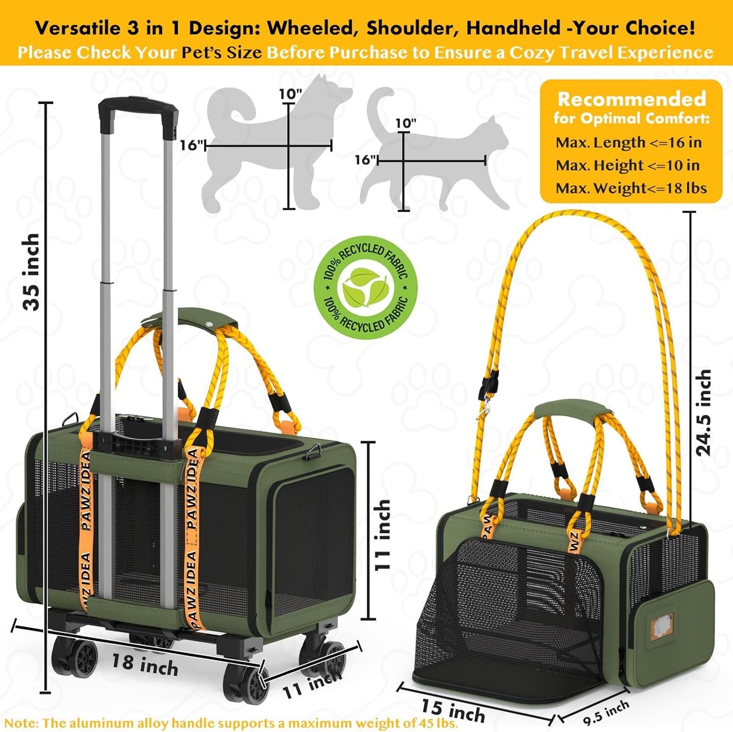 PAWZIDEA Pet Carrier with Wheels, 18x11x11 TSA Airline Approved Cat Carrier for 2 Cats Under Seat, Expandable Soft-Sided Dog Carrier for Small Dogs Rolling Travel Bag with Telescopic Handle, Foldable