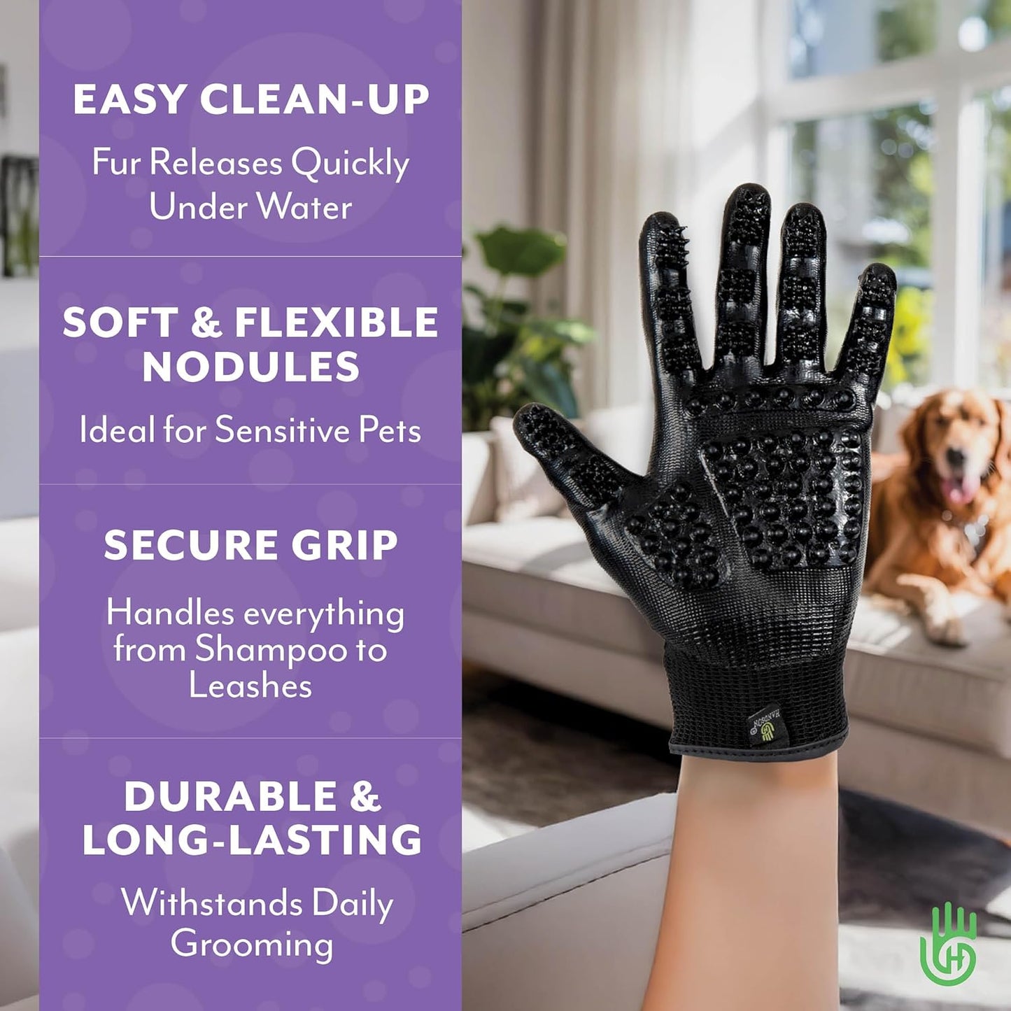 H HANDSON Pet Grooming Gloves - Patented #1 Ranked, Award Winning Shedding, Bathing, & Hair Remover Gloves - Gentle Brush for Cats, Dogs, and Horses (Mono Green, X-Large)