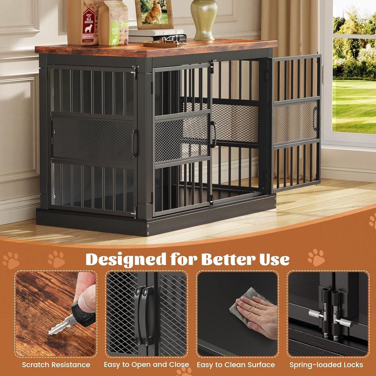 VOPEAK 46" Dog Crate Furniture, Chew Resistant Large Dog Crate for Medium Large Dogs, Heavy Duty XL Dog Crates Dog Kennel Cage Indoor with Double Doors, End Table for Bedroom Living Room, Black
